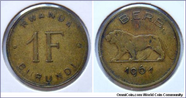 1 franc.
1961, Issued for two Belgian mandate territories - Rwanda and Burundi.