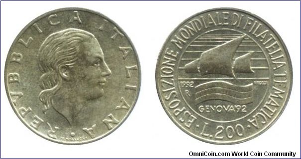 Italy, 200 liras, 1992, Al-Bronze, 24mm, 5g, Genova '92, International Stamp Exhibition.                                                                                                                                                                                                                                                                                                                                                                                                                            