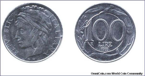 Italy, 100 liras, 1993, Cu-Ni, 22mm, 4.5g, MM: R (Rome), Italia Turrita                                                                                                                                                                                                                                                                                                                                                                                                                                             