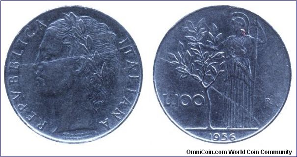 Italy, 100 liras, 1956, Ac, 27.8mm, 8g, MM: R (Rome), Minerva, Republica Italiana.                                                                                                                                                                                                                                                                                                                                                                                                                                  