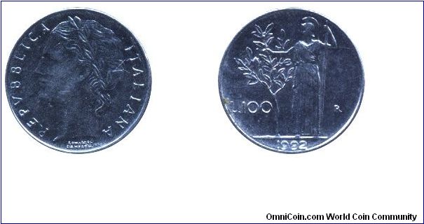 Italy, 100 liras, 1992, Ac, 18.2mm, 3.3g, Minerva standing by an Olive tree, Republica Italiana.                                                                                                                                                                                                                                                                                                                                                                                                                    