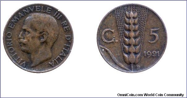 Italy, 5 centesimos, 1921, Cu, 19.5mm, 3.25g, MM: R (Rome), King Victor Emanuel III.                                                                                                                                                                                                                                                                                                                                                                                                                                