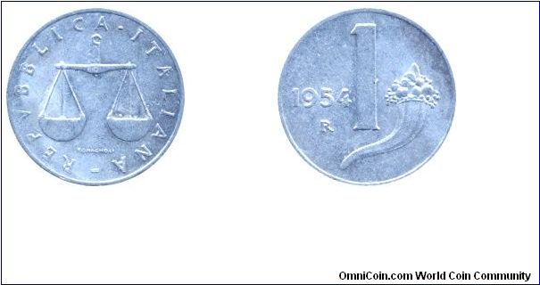 Italy, 1 lira, 1954, Al, 17.2mm, 0.62g, MM: R (Rome), Scale, Cornucopia.                                                                                                                                                                                                                                                                                                                                                                                                                                            