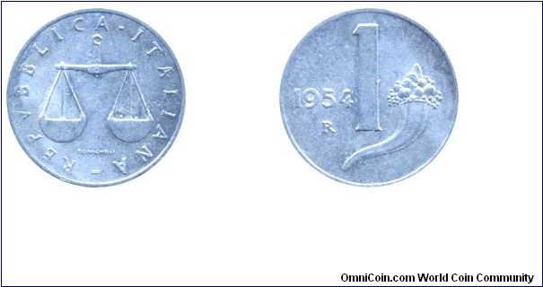 Italy, 1 lira, 1954, Al, 17.2mm, 0.62g, MM: R (Rome), Scale, Cornucopia.                                                                                                                                                                                                                                                                                                                                                                                                                                            