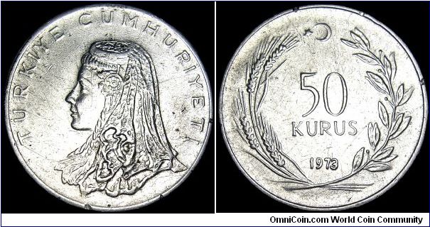 Turkey - 50 Korus - 1973 - Weight 6,0 gr - Stainless steel - Size 24 mm - President / Cedet Sunay (1966-73) - Obverse / Anatolic bride´s head left - Reverse / Value within wreath - Mintage 18 928 000 - Edge : Reeded - Reference KM# 899 (1971-79)