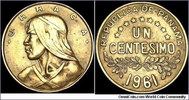 Panama - 1 Centesimo - 1961 - Weight 3,0 gr - Bronze - Size 19,05 mm - Obverse / Written value above , springs with stars above - Reverse / Bust with headcovering left - Mintage 2 500 000 - Edge : Plain - Reference KM# 22 (1961-67)