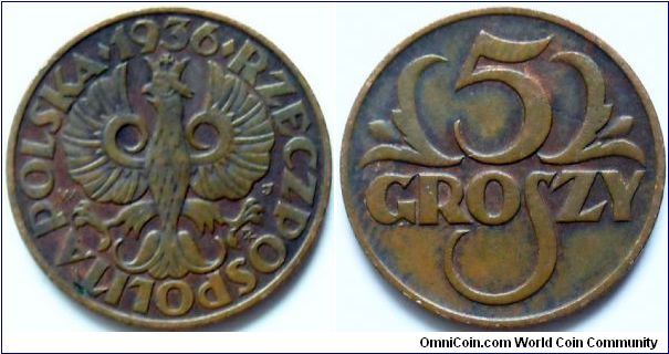 5 groszy, 1936.
Brass. Weight 3g.
Diameter 20mm.
Plain edge.
Mintage 4.660.000 units.