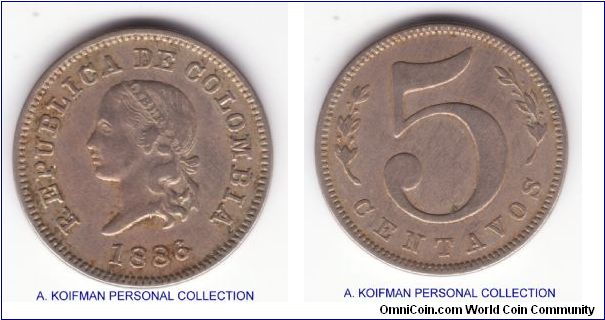 KM-184, 1886 Colombia 5 centavos; copper nickel, plain edge; good very fine or slightly better, this is a small wreath type with large top 5