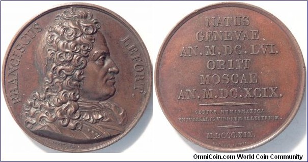 AE Medal commemorating Francis Lefort. Series Numismatica Universalis Virorum Illustrium (France) - one of a group of 22 bronze medals from the set produced by Durand between 1818 and 1846