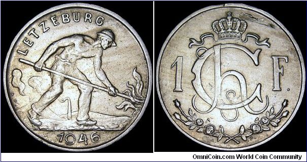 Luxembourg - 1 Franc - 1946 - Weight 5,0 gr - Copper / Nickel - Size 23 mm - Ruler / Charlotte / Grand Duchess of Luxembourg (1919-64) - Obverse / Man working field - Reverse / Crowned monogram divides value - Mintage 4 000 000 - Edge : Reeded - Reference KM# 46.1 (1946-47)