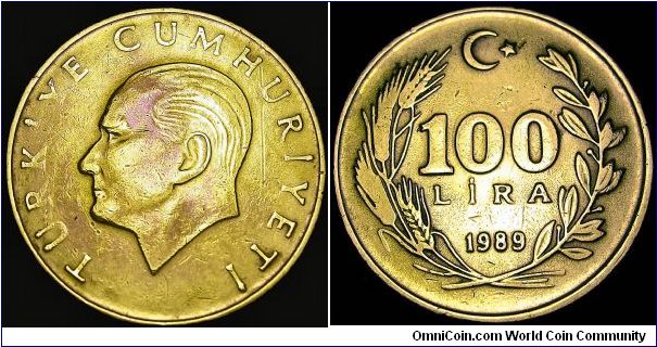 Turkey - 100 Lira - 1989 - Weight 4,15 gr - Aluminum / Bronze - Size 20,8 mm - President / Kenan Evren (1982-89) - Obverse / Head of Atatürk left - Reverse / Value and date within wreath - Mintage 233 750 000 - Edge : Reeded - Reference KM# 988 (1988-94)