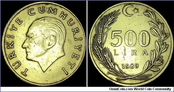 Turkey - 500 Lira - 1989 - Weight 6,15 gr - Aluminum / Bronze - Size 24 mm - President / Kenan Evren (1982-89) - Obverse / Head of Atatürk left - Reverse / Value and date within wreath- Mintage 141 813 000 - Edge : Reeded - Reference KM# 989 (1989-97)
