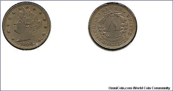 1908 Liberty Head V nickel - UNC - mintage: 22.7 million