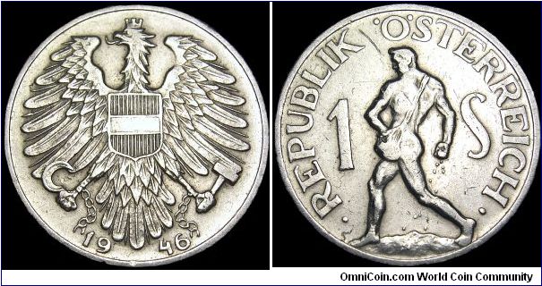 Austria - 1 Schilling - 1946 - Weight 2,0 gr - Aluminum - Size 25,1 mm - President / Karl Renner (1945-50) - Mintage 27 336 000 - Edge : Plain - Reference KM# 2871 (1946-57)