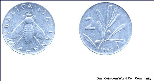 Italy, 2 liras, 1954, Al, 18.3mm, 0.8g, MM: R (Rome), Bee, Oil twig.                                                                                                                                                                                                                                                                                                                                                                                                                                                