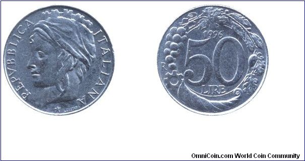 Italy, 50 liras, 1996, Cu-Ni, 19.2mm, 4.5g, MM: R (Rome), Italia turrita.                                                                                                                                                                                                                                                                                                                                                                                                                                           