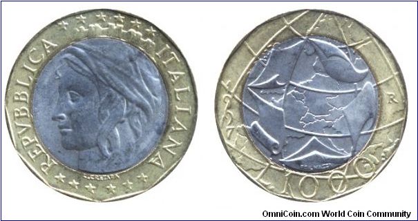 Italy, 1000 liras, 1997, Al-Bronze-Cu-Ni, bi-metallic, 27mm, 8.8g, MM: R (Rome), Italia turrina.                                                                                                                                                                                                                                                                                                                                                                                                                    