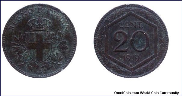 Italy, 20 centesimos, 1919, Cu-Ni, 21.3mm, 3.9g, MM: R (Rome).                                                                                                                                                                                                                                                                                                                                                                                                                                                      