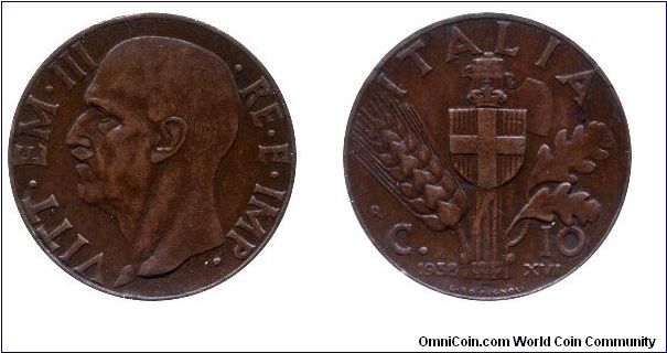 Italy, 10 centesimos, 1938, Cu, 22.5mm, 5.4g, MM: R (Rome), King Victor Emanuel III.                                                                                                                                                                                                                                                                                                                                                                                                                                