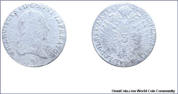 Austria, 3 kreuzer, 1818, Ag, MM: B (Kremnitz, Körmöcbánya), Emperor Franz I.                                                                                                                                                                                                                                                                                                                                                                                                                                       