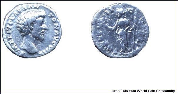 Roman Empire, denarius, 157, Ag, 16.5mm, 2.75g, MM: Rome, Marcus Aurelius (161-180), Felicitas standing left, holding caduceus and scepter. AVRELIVS CAESAN TONAVGPIIF, TRPOTXII COSII.                                                                                                                                                                                                                                                                                                                             