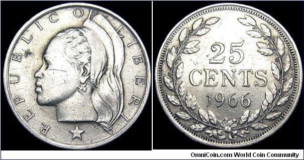 Liberia - 25 Cents - 1966 - Weight 5,2 gr - Copper / Nickel - Size 23 mm - President / William Tubman (1944-71) - Mintage 800 000 - Edge : Reeded - Reference KM# 16a.1 (1966)