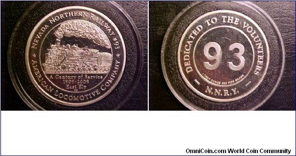 Medal commemorating the 100th Anniversary of the Nevada Northern Railway's 2-8-0 Consolidation locomotive #93, built by the American Locomotive Works (Alco) in 1909.  The medal was minted in Carson City, with the original mint equipment and CC mintmark!