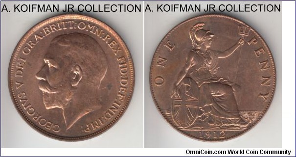 KM-810, 1912 Great Britain penny; bronze, plain edge; George V, bright red uncirculated, just a few bagmarks, but really well preserved.