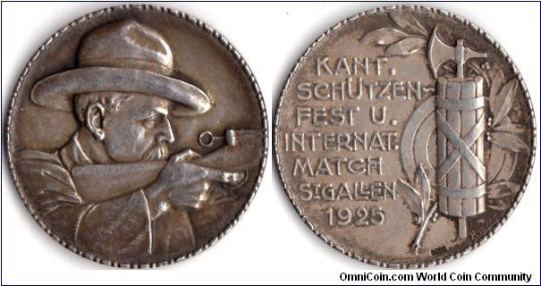Swiss shooting medal issued for the cantonal shooting festival at St Gallen in 1925.