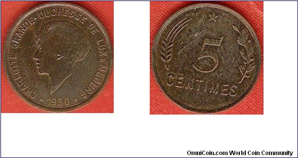 5 centimes
Charlotte, grand-duchess of Luxembourg
bronze