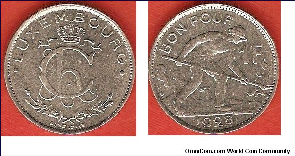 1 franc
man working field
monogram of grand-duchess Charlotte
nickel
designer: Armand Bonnetain