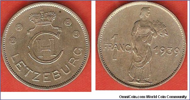 1 franc
woman harvesting
monogram of grand-duchess Charlotte
copper-nickel
designer: Armand Bonnetain