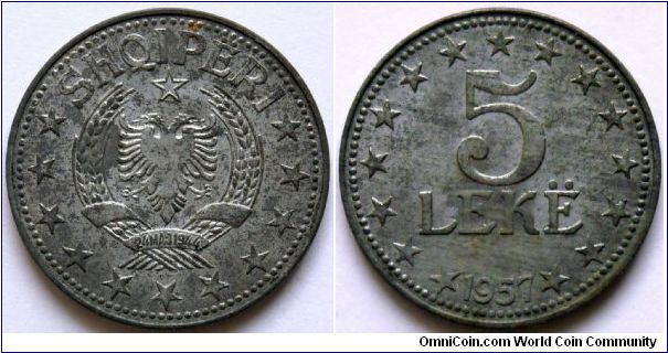 5 leke.
1957, Zinc.