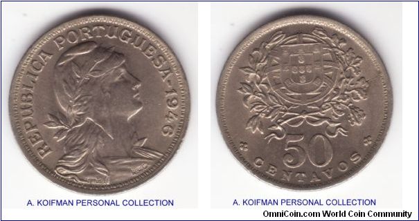 KM-577, 1946 Portugal 50 centavos; copper nickel, reeded edge; good extra fine to about uncirculated