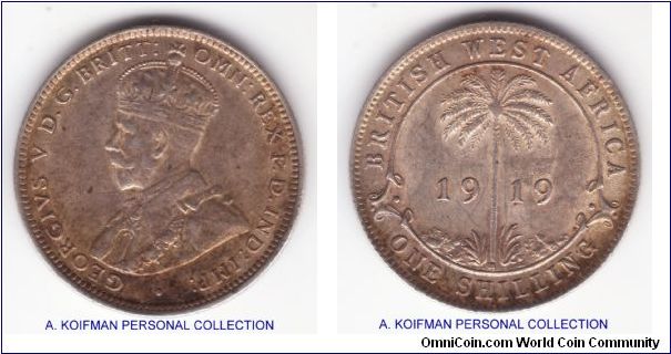 KM-12, 1919 British West Africa shilling, Heaton mint (H mintmark); silver, reeded edge; lower mintage good very fine condition, toned.