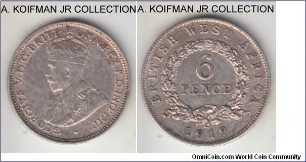 KM-11, 1919 British West Africa 6 pence, Heaton mint (H mintmark); silver, reeded edge; good very fine to about extra fine, a couple of obverse sots, reverse may have been cleaned in the past but not definitely.KM-11, 1919 British West Africa 6 pence, Heaton mint (H mintmark); silver, reeded edge; good very fine to about extra fine, it may have been cleaned in the past but not definitely.