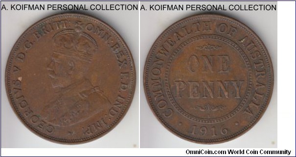 KM-23, 1916 Australia penny, Calcutta mint (I mintmark); bronze, plain edge; good very fine to extra fine, dirty and few spots.