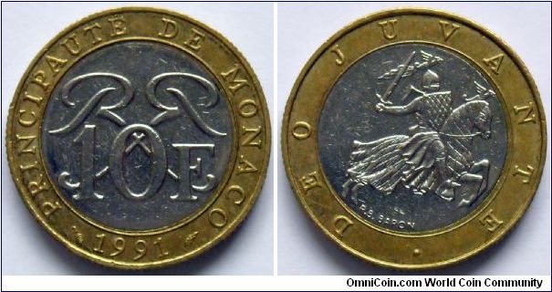 Bimetal Monaco 10 francs from Paris Mint.
1991