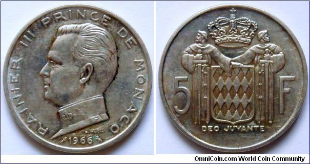 5 francs.
1966, Prince Rainier III, Nice Silver coin issue by
Paris Mint.