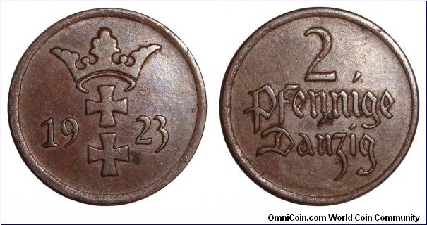 DANZIG (FREE CITY)~2 Pfennige 1923.