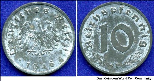 10 reichspfennig.
Allied Occupation.
Post WW II coinage.
'F' - Stuttgart mint.
Mintage 19,579,000 units.


Zn.