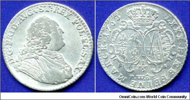 1/6 Thaler.
Polish-Saxon Union.
Friedrich August II (1733-1763) Duke of Saxony & King of Poland.
'FWoF'- mintmaster Friedrich Wilhelm o'Feral, work on Drezden mint in 1734-64.


Ag. 4,8gr.