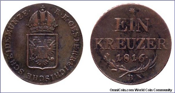 Austria, 1 kreuzer, 1816, Cu, MM: B (Kremnitz, Körmöcbánya).                                                                                                                                                                                                                                                                                                                                                                                                                                                        