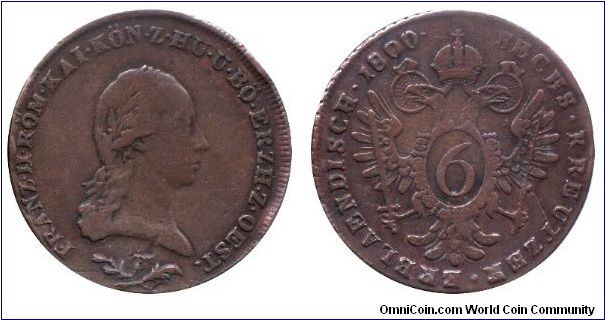 Austria, 6 kreuzer, 1800, Cu, MM: B (Kremnitz, Körmöcbánya), Emperor Franz II.                                                                                                                                                                                                                                                                                                                                                                                                                                      