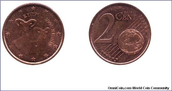 Cyprus, 2 cents, 2008, Cu-Steel, 18.75mm, 3.06g, Mouflon.                                                                                                                                                                                                                                                                                                                                                                                                                                                           