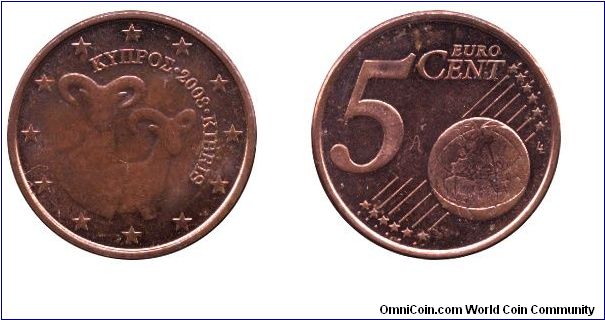 Cyprus, 5 cents, 2008, Cu-Steel, 21.25mm, 3.92g, Mouflons.                                                                                                                                                                                                                                                                                                                                                                                                                                                          