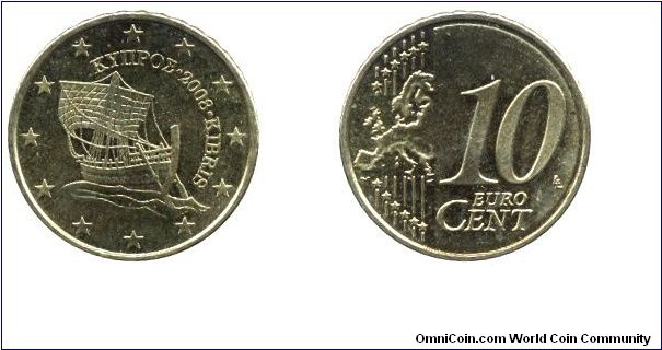 Cyprus, 10 cents, 2008, Cu-Al-Zn-Sn, 19.75mm, 4.1g, The ship of Kyrenia (4th century B.C.), representing Cyprus’s history and its character as an island as well as its importance in trade.                                                                                                                                                                                                                                                                                                                        