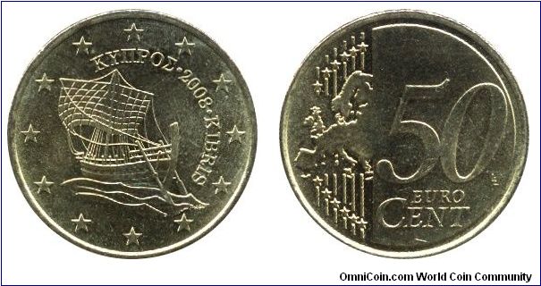 Cyprus, 50 cents, 2008, Cu-Al-Zn-Sn, 24.25mm, 7.8g, The ship of Kyrenia (4th century B.C.), representing Cyprus’s history and its character as an island as well as its importance in trade.                                                                                                                                                                                                                                                                                                                        