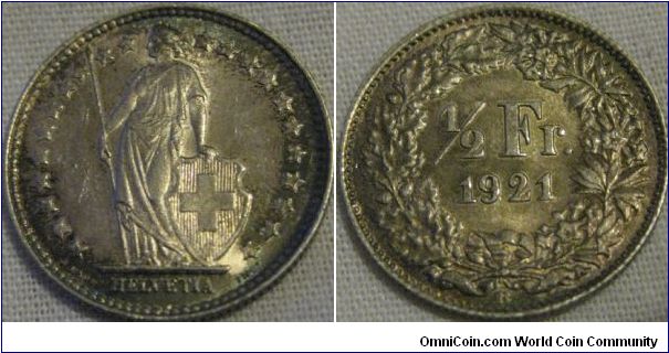 Beutiful 1/2 franc from 1921, full lustre with wonderful obverse toning