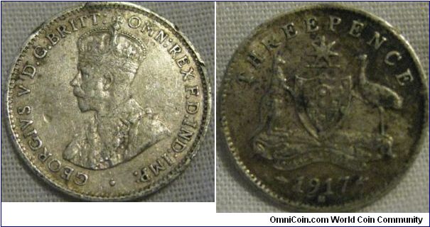 1717 3 pence, M mintmark, fine grade slight bend
